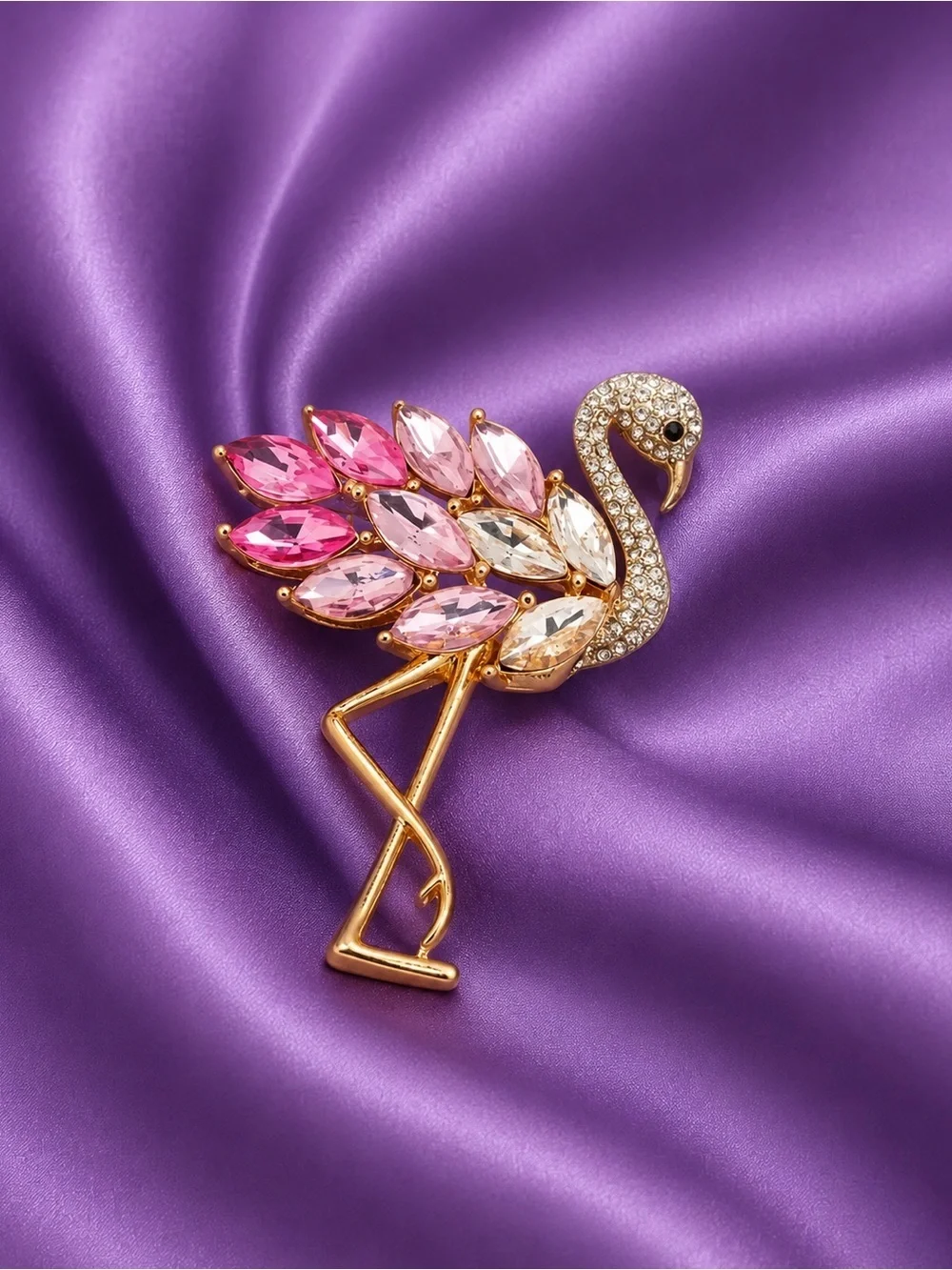 Pink Crystal Flamingo Brooch Pin Gold Tone Statement Bird Jewelry